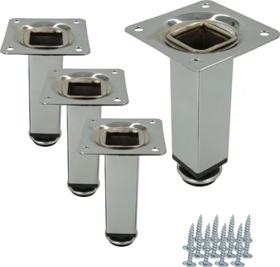 Image de 4 pieds de meuble, droits, carrés, couleur argent, en métal, réglables, 10 cm