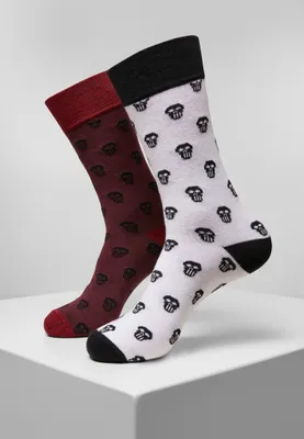 Image de Urban Classics TB3745 | Skull Allover 2-Pack Chaussettes - Couleur : Bourgogne/Blanc - Taille : 47-50