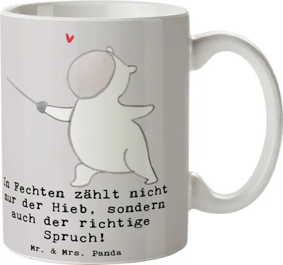 Produktbild von Mr. & Mrs. Panda Henkelpott Fechten Spruch - Grau Pastell - Geschenk, Sprüche, Duell, Eleganz, Sport, schöne tasse, Sportler, mit, Trinkbecher, Kaffeepott, Pott, Taktik