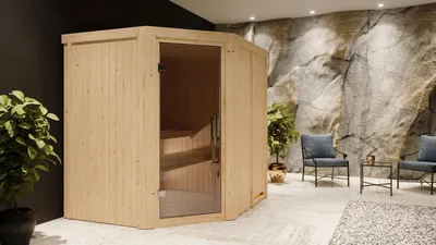 Produktbild von Karibu Sauna Innensauna Siirin Eckeinstieg Ofen 9 kW  externe Strg easy 196x170x198 cm ohne Dachkranz mit Graphittür
