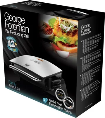 A product box for a George Foreman Fat Reducing Grill, showing an image of the grill and a burger.