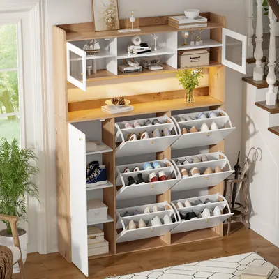 Produktbild von Flieks Schuhschrank mit Glas & LED-Beleuchtung, Schmaler Schuhkipper mit 6 Kippfächern & 1 Tür, Standschrank 130x25x180 cm, Weiß+Natur
