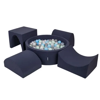 Obrázok produktu pre KiddyMoon Mäkké penové ihrisko pre deti s guľatým loptičkovým ihriskom (300 ∅ 7 cm) s mäkkými prekážkami a loptičkovým bazénom,  vyrobené v EÚ, Tmavomodrá:Perla/Grey/Transparentné/Babyblu