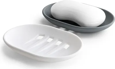 Produktbild von 2 Stück Silikon Seifenschale mit Abfluss - Rutschfest und Tragbar - Für Badezimmer, Dusche und Küche (Grau und Weiß)