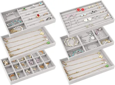 Produktbild von Schmucktablett,6 Stück Schmuck Schublade Organizer Set, Schmuckaufbewahrung Stapelbar,Schmuckeinsatz für Schubladen,Schubladeneinsatz für Halsketten Armbänder Ohrringe Ringe Uhren