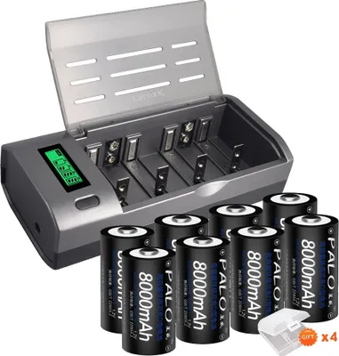 Zdjęcie produktu dla Akumulatory typu D i ładowarka, pojemność 8000 mAh, inteligentne funkcje ładowania, 8 akumulatorów i 1 ładowarka