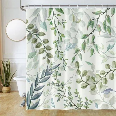 Produktbild von Unyqoos grüner® Eukalyptus-Duschvorhang mit wasserabweisendem und schimmelresistentem Polyester, enthält Haken