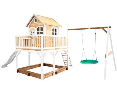 Produktbild von AXI Spielhaus Liam mit Sandkasten, Nestschaukel & weißer Rutsche | Stelzenhaus XXL in Braun & Weiß aus Holz für Kinder | Spielturm mit