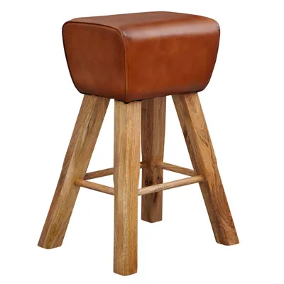 Produktbild von Barhocker Turnbock 43x75x43 cm Mango Massivholz / Echtleder, Design Barstuhl Braun, Lederhocker ohne Lehne, Country Hocker Tresenstuhl