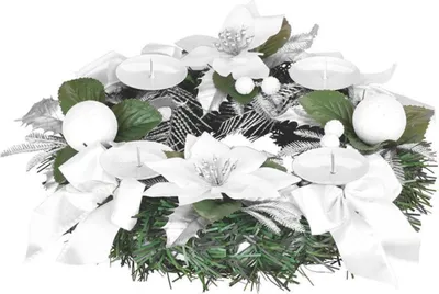 A white and green Christmas wreath with candles and ornaments.