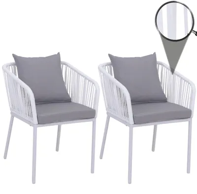 Image de Lot de 2 chaises de jardin HWC-N41, accoudoirs d'extérieur, résistantes aux intempéries, tressage en corde d'aluminium ~ gris clair, coussins gris clair