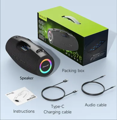 A product shot showing a portable speaker, its packaging, and accessories.