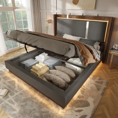 Image de Lit à sommier hydraulique Flieks 140 x 200 cm avec rangement, lit pour adolescent avec rangement et revêtement en cuir, lit double à sommier hydraulique avec sommier à lattes, lin, gris