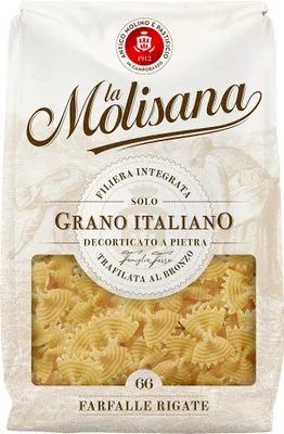 Produktbild von 24x La Molisana Farfalle Rigate N. 66 Pasta Lenta Lavorazione Teigwaren aus Hartweizengrieß Bronze-Zeichnung 500g + 2x Italian Gourmet Polpa