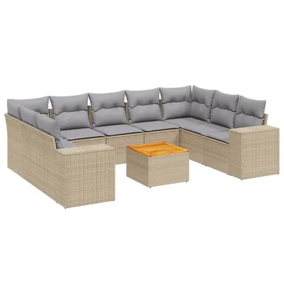 Produktbild von 10-tlg. Garten-Sofagarnitur mit Kissen Beige Poly Rattan