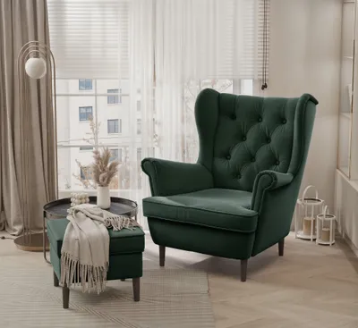 Produktbild von Sessel Ohrensessel NINON inkl. Hocker in Stoff Trinity Dunkelgrün