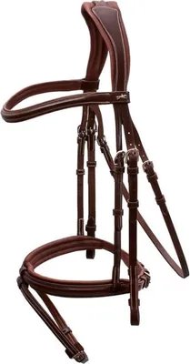 A brown leather horse bridle is displayed against a white background.