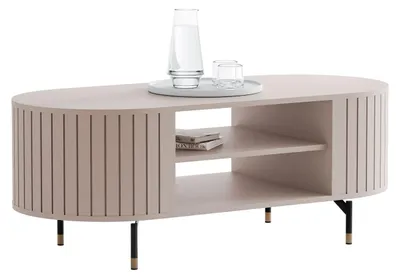 Produktbild von Couchtisch LINNEA Oval 104 cm – Mit Ablage &amp; Lamellen – Kaschmir / Beige