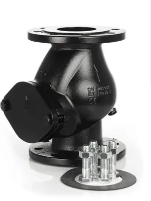 A black industrial valve with flanges and bolts on a white background.
