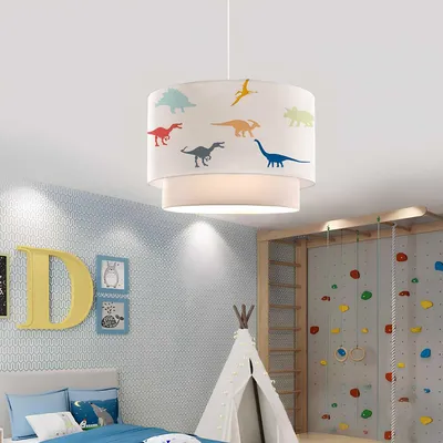 Obrázok produktu pre Detská závesná lampa "Lurgan" s nastaviteľnou výškou a malým farebným látkovým tienidlom s motívom dinosaura biela