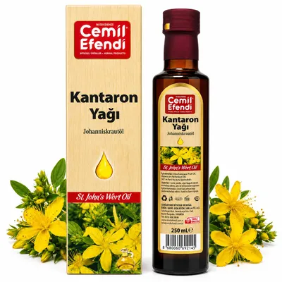 Produktbild von Johanniskrautöl, Mazerat in Olivenöl aus frischen Johanniskrautblüten, KI-generiertes Bild