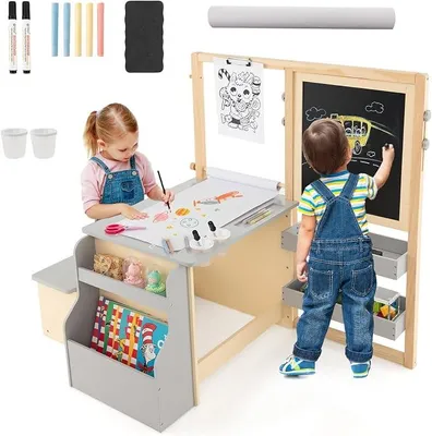 Imagen del producto de Mesa infantil con silla y pizarra, conjunto de asientos para niños con caballete, estantería para juguetes, estantería para libros, soporte para rollos de papel, set de mesa para pintar para niños a partir de 3 años (gris)