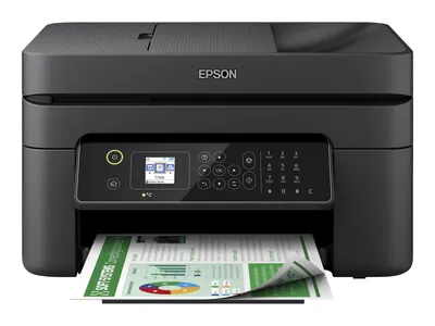 A black Epson WorkForce WF2840DWF printer is shown from the front, printing a document.