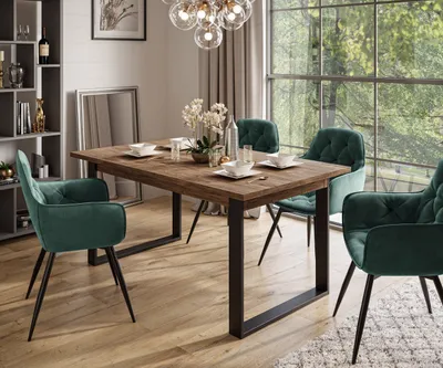 Produktbild von Möbelset ART - T-Klapptisch 150-198 und 4 Stühle, Stirling Eiche, Polsterstoff:Bluvel Flaschengrün 78