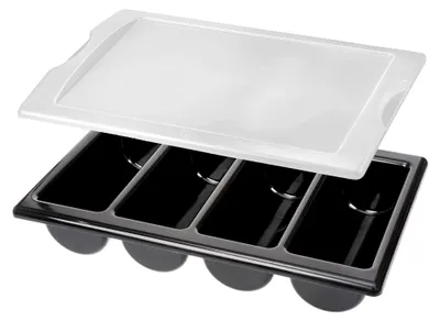 Produktbild von Besteckkasten mit 4 Fächern und Deckel, Besteckaufbewahrung, Kunststoff, schwarz, stapelbar