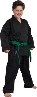 Produktbild von TEKKA BUDO Kinder Karateanzug Kidoka schwarz - Leichtes Kids Modell 7.5 oz Mischgewebe - Karate Gi Set - Jacke Hose Gürtel - Einsteiger Anzug - 120 cm
