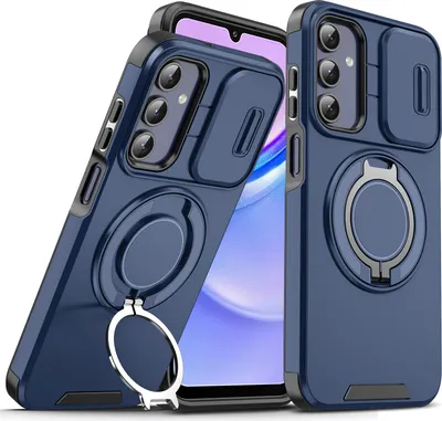 Image de Etui double couche pour Samsung Galaxy A15 5G/4G, avec couvercle coulissant pour l'appareil photo et anneau magnétique Bleu