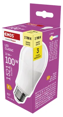 Immagine prodotto di EMOS Lampada LED A60, 13W in sostituzione di 100W, lampadina classica con base E27, luminosità 1521 lm, bianco caldo 2700 K, durata 30000 h, ZQ5E61