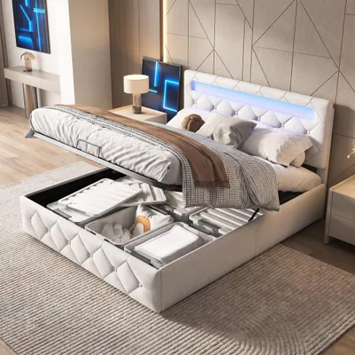 Zdjęcie produktu dla Łóżko tapicerowane INONEFT, 140 x 200 cm, łóżko kontynentalne z hydraulicznym podnoszeniem i pojemnikiem na pościel, podwójne łóżko z oświetleniem LED, łóżko młodzieżowe, bez materaca, obite welurem, kolor: brzoskwiniowy