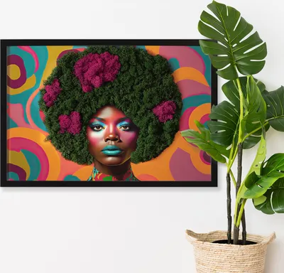 Produktbild von Moosbild mit Konserviertem Moos 3D Wandbild - 60x40 cm - Schwarzer MDF-Rahmen - Frau mit Afro