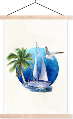 Produktbild von MuchoWow® Textilposter Segelboot - Meer - Aquarell 120x180 cm mit holzfarbenen Rahmen - Textil-Plakat