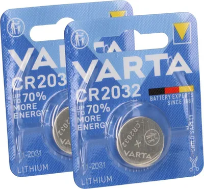 Two blister packs of Varta CR2032 lithium coin cell batteries.
