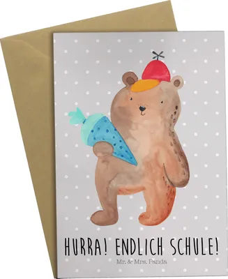 Produktbild von Mr. & Mrs. Panda Grußkarte Bär Schultüte - Grau Pastell - Geschenk, Schulbeginn, Schulanfang, Einschulung, weihnachtskarten, Erster Schultag, einladungskarten, Teddy