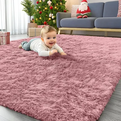 Produktbild von Omgoods – Waschbarer, hochfloriger Teppich für das Wohnzimmer – Flauschiger, rosa Teppich, 160 x 220 cm