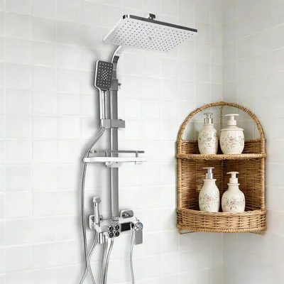 Produktbild von Wandmontiertes Duschset - Duschsystem - Messingventil - Um 360° drehbarer Kopfbrause - Handbrause - 1,5 m Edelstahlschlauch