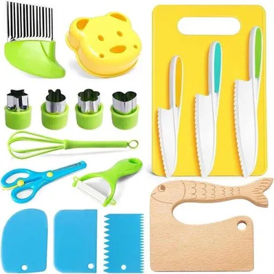 Obrázek produktu pro Montessori kuchyňská sada se 17 díly, dětské nože, prkénko a škrabka na ovoce, chléb a zeleninu