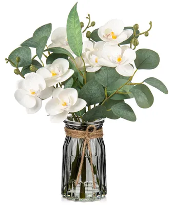 Kunst-Orchidee mit Eukalyptus in Glasvase, 37 cm
