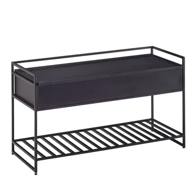 Produktbild von Sitzbank mit Stauraum 90x52x38 cm Mango Massivholz / Metall Flurbank Schwarz, Schuhbank mit Sitzfläche Klein, Schmale Garderobenbank mit Schuhregal