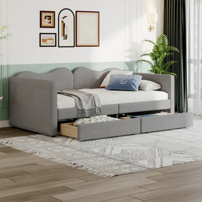 Produktbild von Kinderbett Polsterbett, Sofabett mit 2 Schubladen, Bettrahmen, Multifunktionsweichbett mit Rückenlehne und Armlehnen, Jugendbett Gästebett