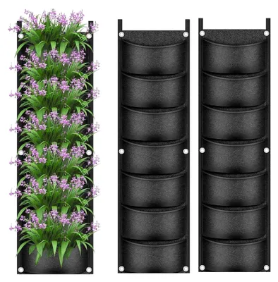 Produktbild von 2 Stück Hängende Pflanzbeutel, 7-Taschen Wandbehang Pflanzgefäß für vertikale Bepflanzung aus Vliesstoff (Schwarz)