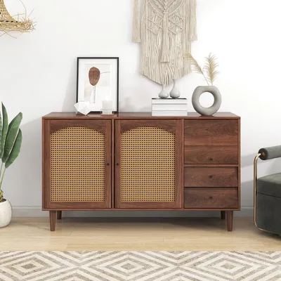 Zdjęcie produktu dla Flieks komoda kredens z 2 szufladami i 3 drzwiczkami z regulowanymi półkami, rattan szafki do salonu lite drewno 130*75,5*40cm