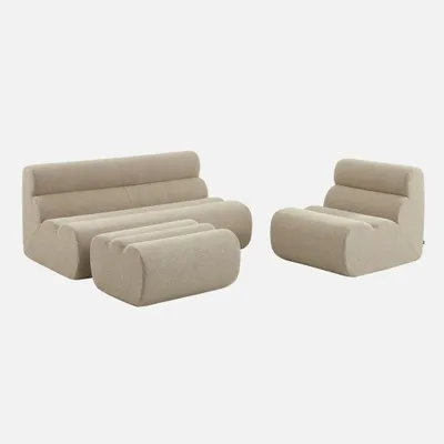 Immagine prodotto di sweeek - Divano a due posti con poltrona e poggiapiedi, rivestimento in bouclé testurizzato - Beige