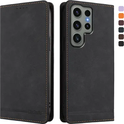 Obrázek produktu pro Pouzdro pro Samsung Galaxy S23 Ultra, retroPolyuretankožené flip pouzdro s stojánkem a přihrádkami na karty Černý