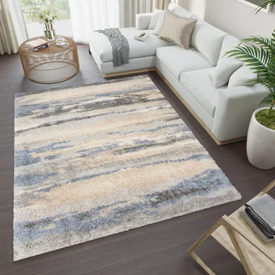 Produktbild von Teppich Wohnzimmer Schlafzimmer Einfarbig Modern Design Shaggy Hochflor Langflor Beige Blau 80 x 150 cm