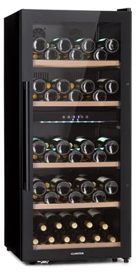 Produktbild von Klarstein Weinkühlschrank, Getränkekühlschrank Schmal, 2 Zonen Kühlschrank mit Glastür, Getränkekühlschränke Freistehend, Weinkühlschrank Klein, Weinkühlschränke mit UV-Schutz, 5-18°C, 91 Flaschen