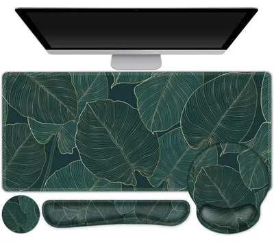 Immagine prodotto di Set da scrivania 4-in-1 con poggiapolsi in gel, supporto per il polso, sottobicchieri e grande tappetino per il mouse, design ergonomico, motivo a foglia verde
